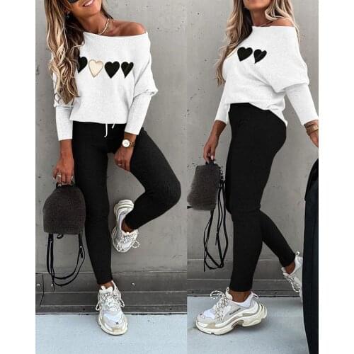 2020 Women Fashion Casual Fit One Shoulder Top Sequins Long Sleeve Top & High Waist Drawstring Pants Set Halloween Heart Print
