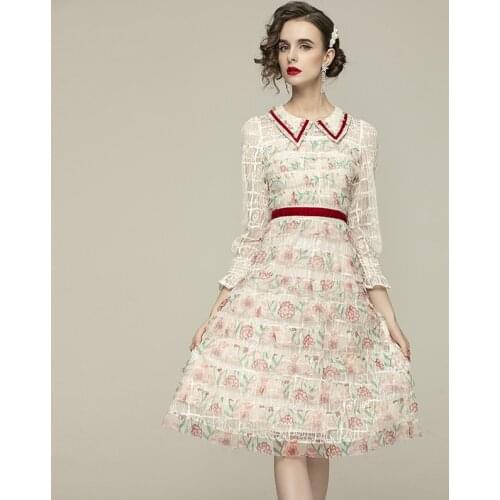 2021 New Summer Fashion Runway Cake Dress Women Doll Collar Long-Sleeved Mesh Print Stitching Sweet Luxury Dress