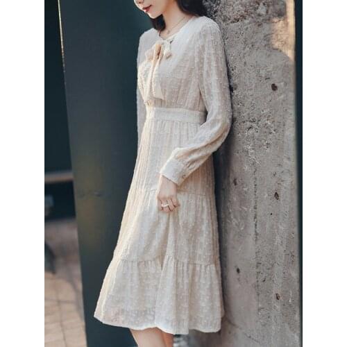 2021 Women Sweet Solid Colors Lace Up Pleated Fairy Dress Chic Chiffon White Dress Cottagecore Knee-Length Long Sleeve Dresses