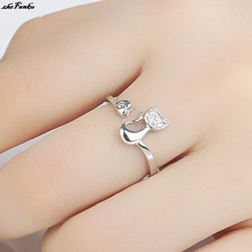 2021 Party Jewelry Delicate Rose Gold Silver Tone Lovely Cat Shape Clear Crystal Inlaid Women Girl Opening Ring