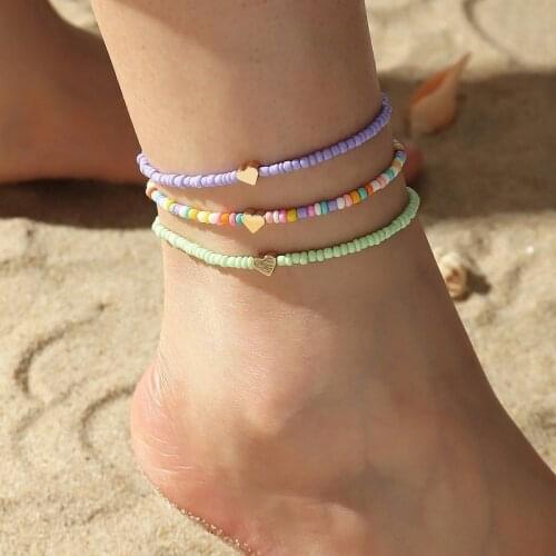 3PCS/Set Bohemia Small Rice Beads Anklets Women Summer Fashion Love Ankle Bracelet Elastic Footwear Jewelry Beach Accessories