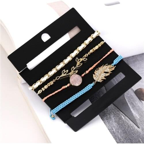 4PCS/Set Boho Bracelet Set For Women Ethnic Handmade Geometric Leaf Stone Woven Bracelet Beach Bangle Jewelry Gift
