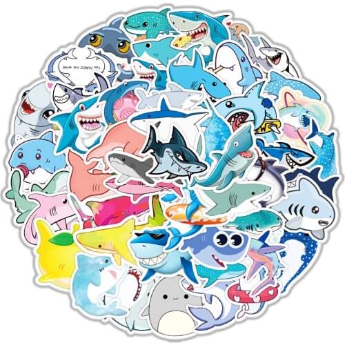 50Pcs/Pack Cute Shark Graffiti Stickers For Laptop Notebook Skateboard Luggage Decal Marine Life Animals Cartoon Sticker