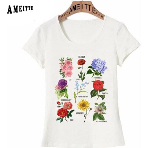 AMEITTE Vintage Colorful Blooms Botanical Flower Floral Chart Print Premium T-Shirt Summer Women T-shirt Casual Cute Girl Tees