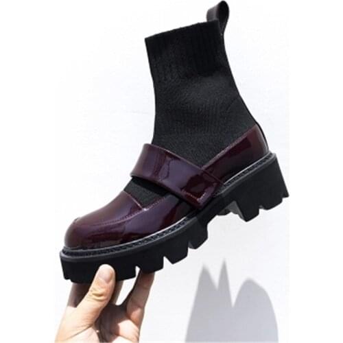 Fornihapfirafs Booties Black Leather Stretch Fabric Patckwork Women Ankle Boots Platform Slip-On Women Short Boots Shoes Woman