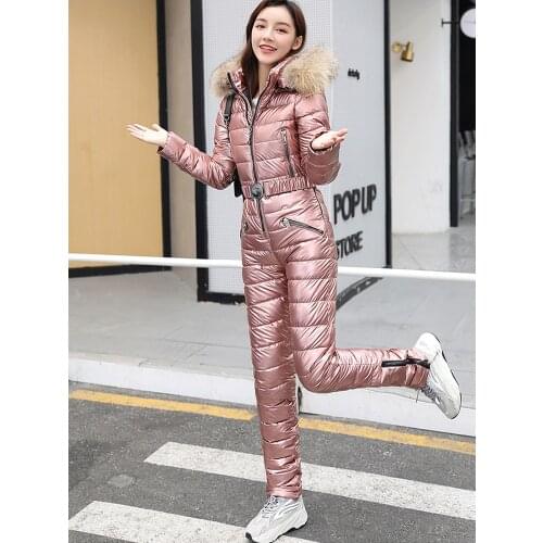 One Piece Ski Suit Women Winter Fur Hooded Jumpsuit Cotton Padded Parka Jumpsuits Zipper Overalls Tracksuits Jacket Pants