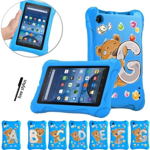 Kids Case for Amazon Fire 7 (5th/7th/9th Gen) Kawaii Pattern Thick Foam EVA Non-toxic Anti-fall Tablet Cover+Free Stylus