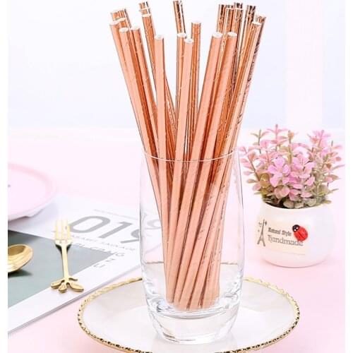 Rose Gold Foil Paper Straws Disposable Holiday Party Drinking Straws 100pcs Birthday Party Decoration Supplies Bar Accessories