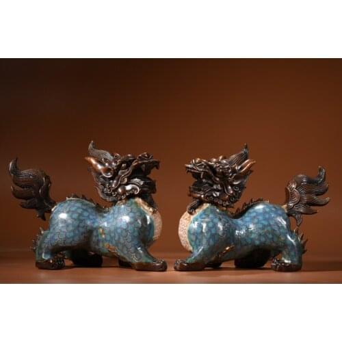 9"Chinese temple collection Old Bronze Cloisonne Enamel Unicorn statue Kirin A pair Ornaments Town House Exorcism