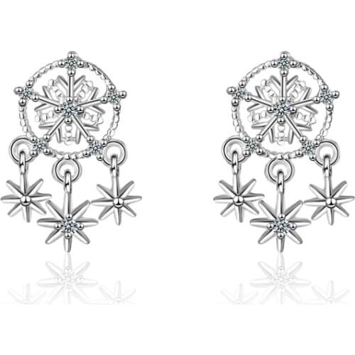 KOFSAC New Trendy 925 Silver Stud Earrings For Women Shiny Zircon Temperament Sweet Snowflake Earring Jewelry Girl Birthday Gift