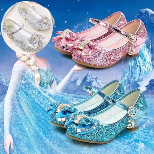 Girls Princess Leather Shoes For Kids Glitter High Heel Butterfly Bow-Knot Solid Color Ankle Strap Children Crystal Sequin Shoes