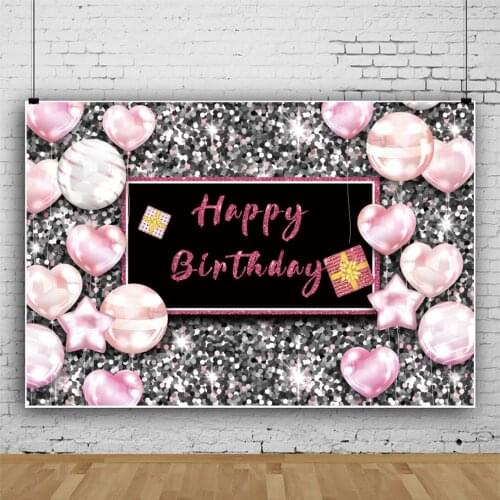 Laeacco Star Heart Balloons Happy Birthday Backdrop Silver Glitters Shiny Wedding Party Photography Background For Photo Studio