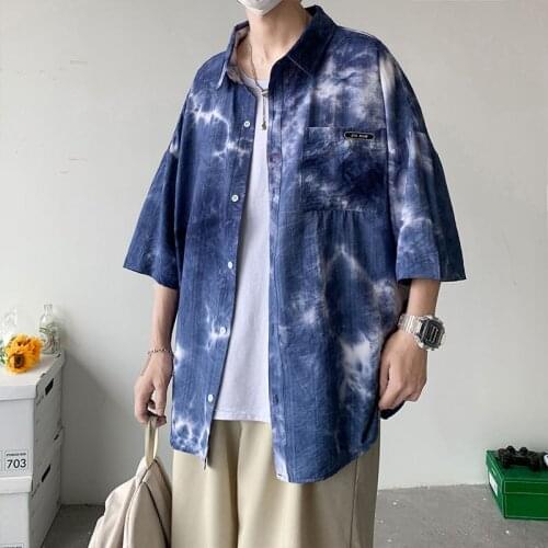 Mens Short-Sleeved Shirt Beach Summer Casual Tie-Dye Half-Sleeve Loose Cotton Plus Size M-5XL Trend Tops MA115