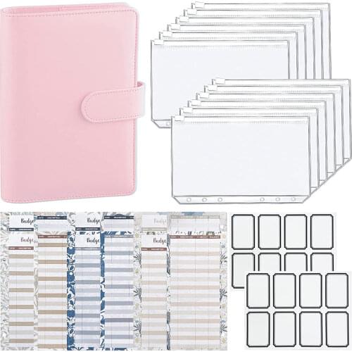 A6 PU Leather Binder Set, Refillable Budget Planner Envelopes System with 12 Zipper Pockets 12 Budget Sheets, 2 Label Stickers
