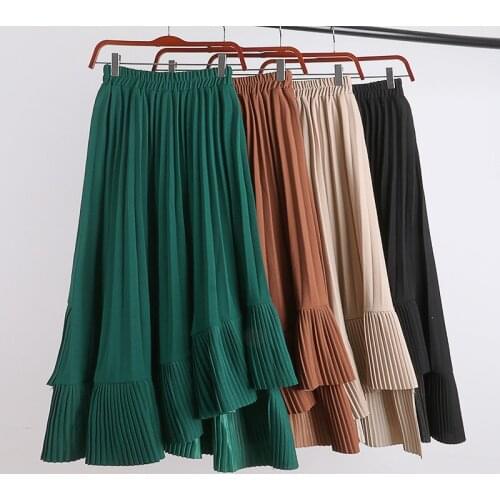 Autumn Drape Irregular Pleated Long Skirts Sweet Solid Ruffled High Low Big Flared Mid-calf Long Skirts Red Green