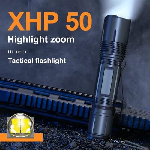 Rechargeable Tactical Flashlight 18650 Battery Work Lamp XHP50 USB Zoomable Bright Hand Lantern High Lumen Waterproof Flashlight