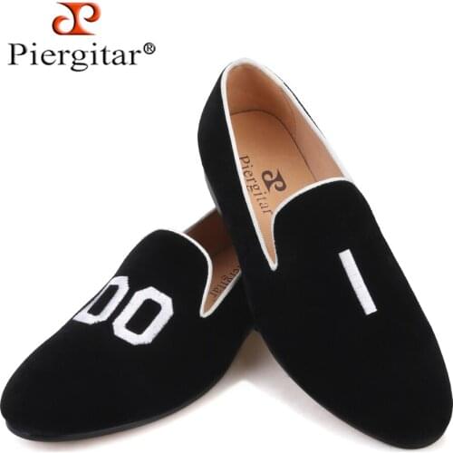 Piergitar 2020 three colors handmade men velvet loafers with IDO letters embroidery for party and wedding men smoking slippers