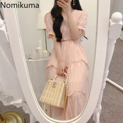 Nomikuma French Style Sweet Dress Women 2021 Summer V Neck Short Sleeve A Line Dresses Solid Color Korean Fashion Robe Femme
