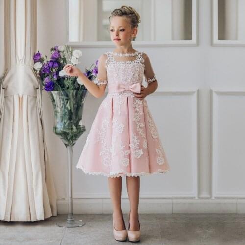 Pink Prince Slim-line Delicate Lace Flower Girl Dress Knee Length Bowknot Short Sleeves A Line High Quality Party Evening Dress