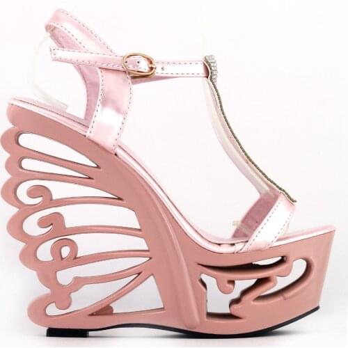 LF51803 Pink/Silver T-Strap Bride Wedding Wedge Butterfly Heel Sandals