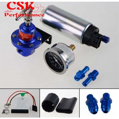 255 LPH EFI Fuel Injection Pump/Tank +140 PSI Pressure Regulator+Oil Gauge Kit Black/Blue/Red