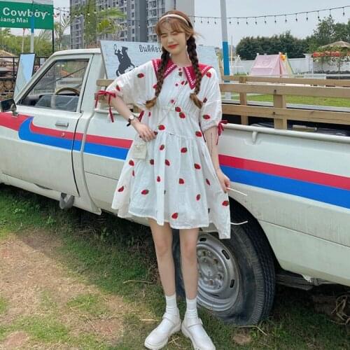 Japanese Sweet Lolita dress Sailor Collar Strawberry Loose Slimming Lace-up Puff Sleeve Dress Female Summer fairy dress