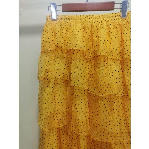 2021 New Spring Summer Midi Skirt Womens Dot Yellow Layers Ruffles Long Skirts Elastic Waist Ladies Jupe