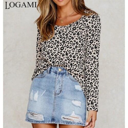 LOGAMI Long Sleeve Leopard Print T Shirt Women O Neck Casual Tshirts Spring Summer Tee Tops Vintage 2020 New Arrival