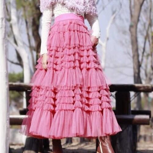 Pink Purple Ruffles Tulle Skirts jupe femme Long Tiered Tulle Women Skirts mujer faldas Birthday Maxi Multilayers Skirts