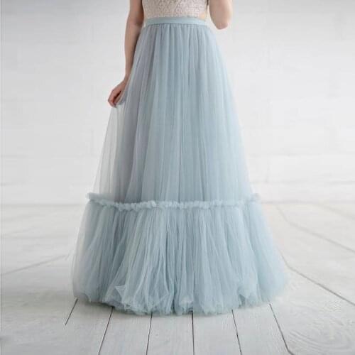 2018 Light Sky Blue Long Tulle Skirts For Yong Lady Pleated Floor Length Tulle Skirts Women Custom Made Female Saias New