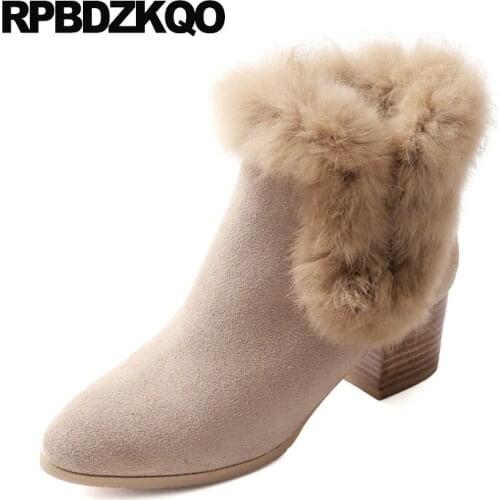 Chunky High Heel Women Ankle Boots Medium Winter Shoes Fur Short Chinese Furry Booties Round Toe Quality Genuine Leather 2017