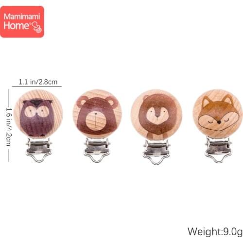2pc Baby Beech Wooden Teether Printed Pacifier Clip Wooden Fox Rodent Dummy Clip DIY Pacifier Chain Soother Clasp Metal baby toy