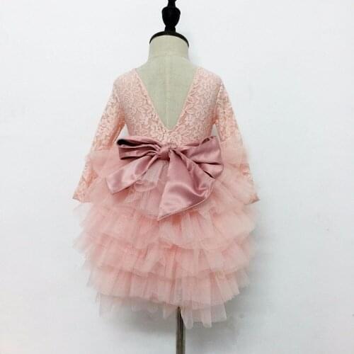 2017 Fall Baby Girls Long Dresses Kids Princess Pink Puffy Dress With Ribbons for New Year Wedding Birthday Costume