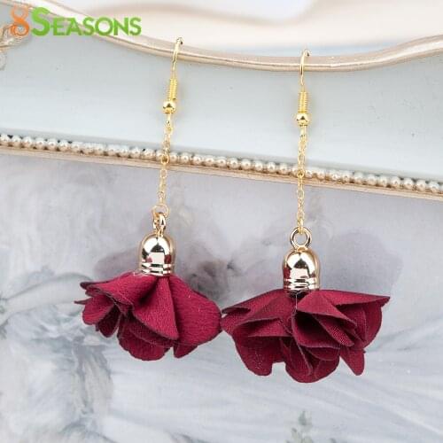 8SEASONS New Fashion Polyester Earrings Gold color Wine Red Flower Oval 6.2cm(2 4/8"), Post/ Wire Size: (22 gauge), 1 Pair
