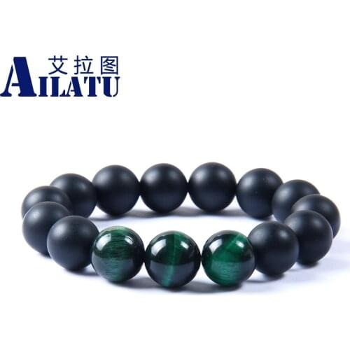Ailatu Jewelry 10pcs/lot 14mm A Grade Matte Onyx Stone with Yellow Red Green Tiger Eye Beads Lucky Energy Bracelet for Cool men