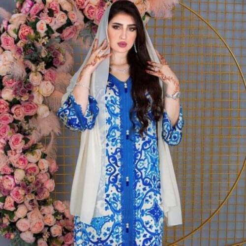 Middle East Women Long Dress Ribbon V Neck Full Sleeve Leaves Print Maxi Dresses Turkey Arabic Dubai Muslim Clothing Robe RV417