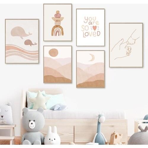 Boho Sun Moon Star Rainbow Lighthouse Whale Poster Baby Mom Hand Prints Quotes Wall Art Canvas Painting Abstract Kids Room Decor