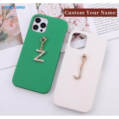 Custom Name Pebble Leather Cowhide Phone Shell Case For iPhone11 12 Pro Mini Max X XR XS 7 8Plus Pendant Metal Letters Cover