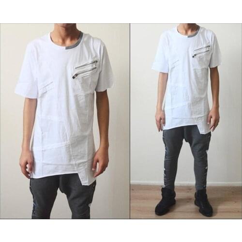 Essential Destroyed Distressed Look! Mens Front False 2 Zipper Cotton Short Sleeve Wide Neck Lengthen Extended Tee Tshirt