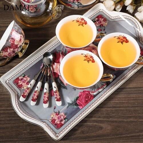 European Classical Ceramic Trays Decorative Painted Roses Rectangle Tea Set Storage Display Tray Afternoon Tea Dessert Plates