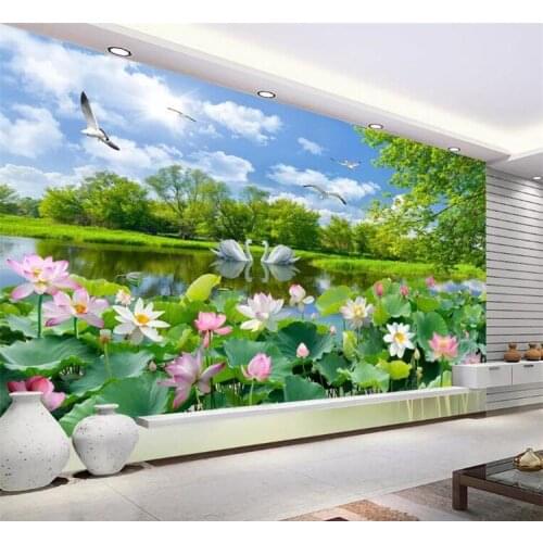 Chinese Style Photo Wallpaper 3D Swan Lake Lotus Pond Mural Living Room TV Sofa Background Wall Painting Papel De Parede 3D Sala