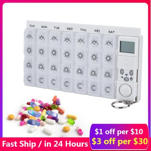 7 Days Pill Box Medicine Pill Case Organizer LED Timer Reminder 28 Grids Weekly Tablets Storage Pill Dispenser Alarm Clock