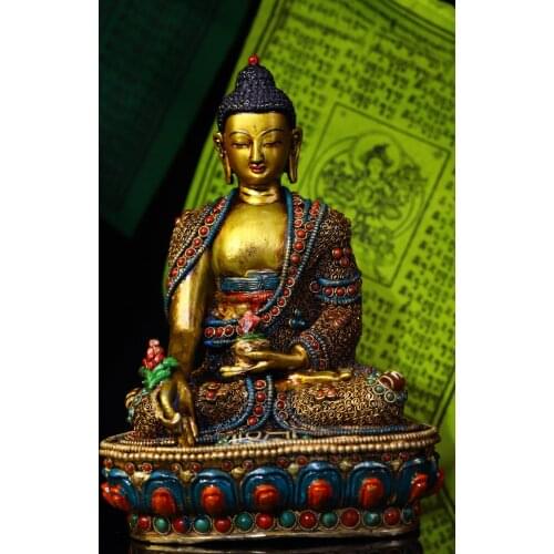 8"Tibet Temple Collection Old Bronze outline in gold mosaic Gem Dzi Bead Medicine Buddha Sakyamuni Sitting Buddha Ornaments