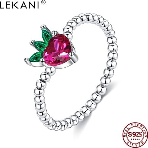 LEKANI Fruits Shape Ring For Women 925 Sterling Silver Lovely Little Strawberry Zircon Ring Beads Style Wedding Fingers Jewelry