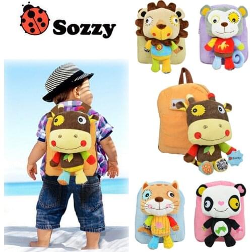 Hot sozzy cute nature soft backpack stuffed doll plush toy deer lion panda tiger monkey shoulder snack book bag for children kid