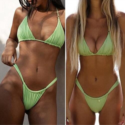 Hot kf-Ladies Swimsuit Bandage Solid Color Fabric Bust Padded Bikini Set Green