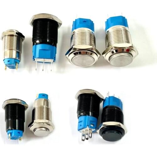 1PCS 12/16/19/22mm metal button switch latch/momentary self-reset black no light button/oblate 2-pin nickel-plated brass