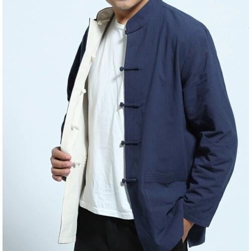 Mens Cotton Linen Long Sleeve Two Sided Traditional Chinese Clothes Tang Suit Top Jacket Coat For Men Kung Fu Uniform Outfit