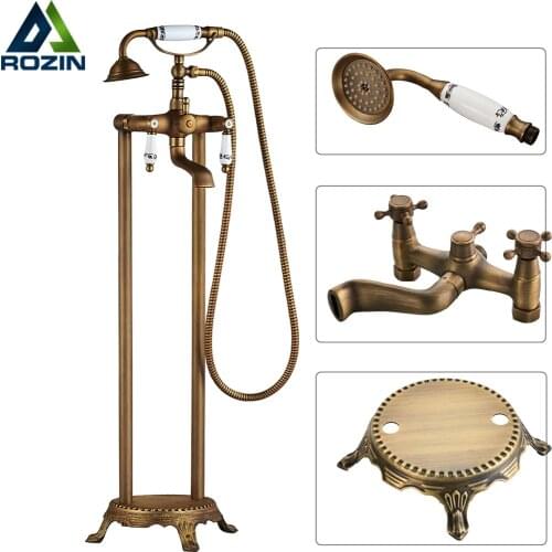 Dual Handles Bathroom Floor Mount Bathtub Filler Freestanding Bathtub Faucet Antique Brass with Hand Shower Rotate Spout