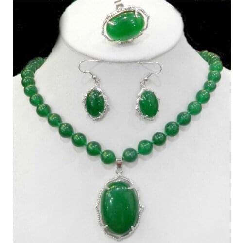 Natural Charming 8MM Green Jade Gemstone Necklace Ring Earring Jewelry Sets